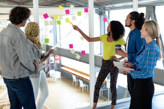 A diverse group of people in a brainstorming session with sticky notes and whiteboards, representing collaborative creativity in the workplace.