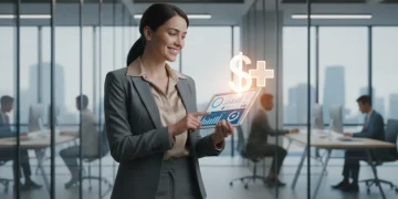 Woman reviewing 2026 HRA benefits on tablet, symbolizing financial health planning.