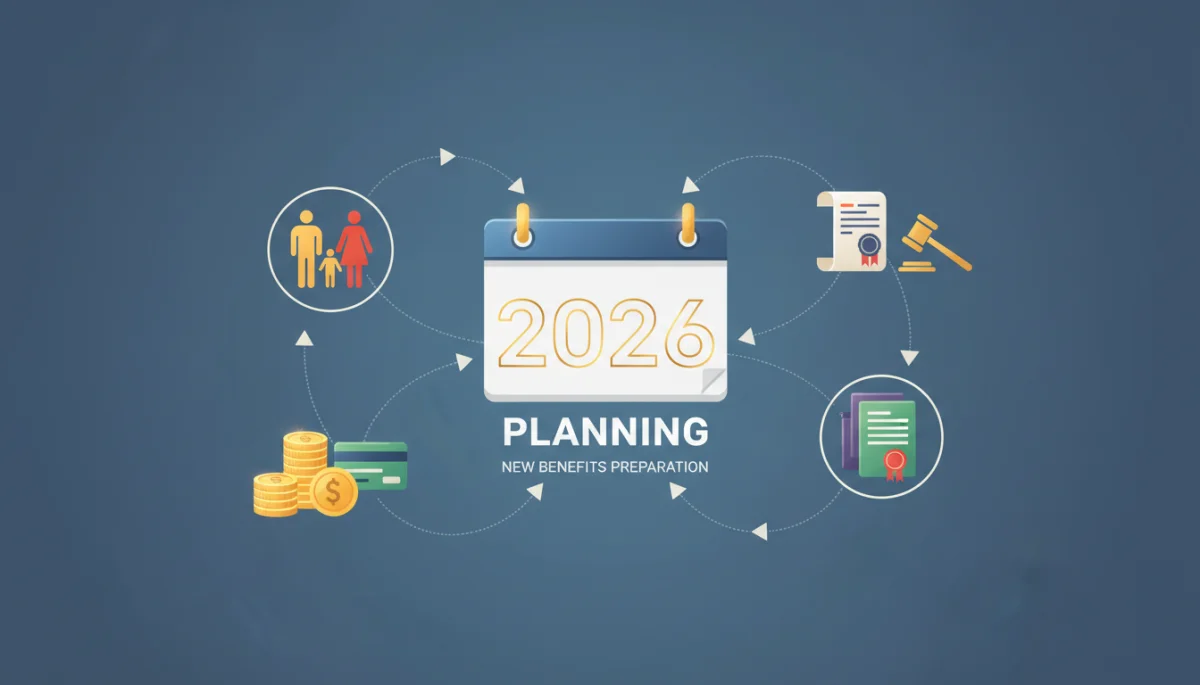 Calendar with 2026 highlighted, family and finance icons, representing planning for parental leave.