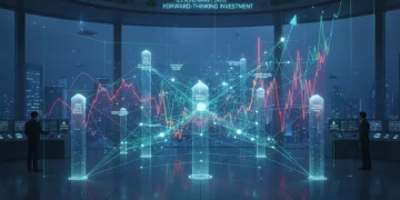 Futuristic U.S. bond market with rising interest rate graphs and digital financial connections.