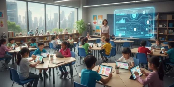 Students engaged with AI learning tools in a modern U.S. classroom