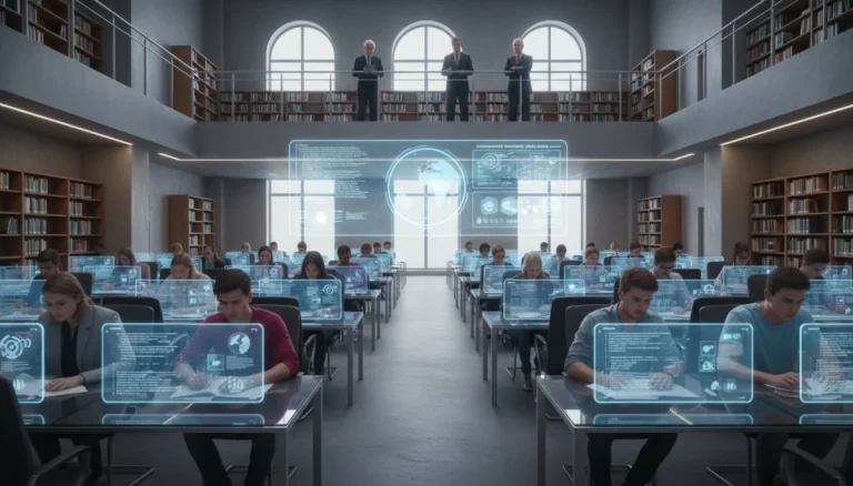 Students using AI tools in a university library, highlighting academic integrity challenges