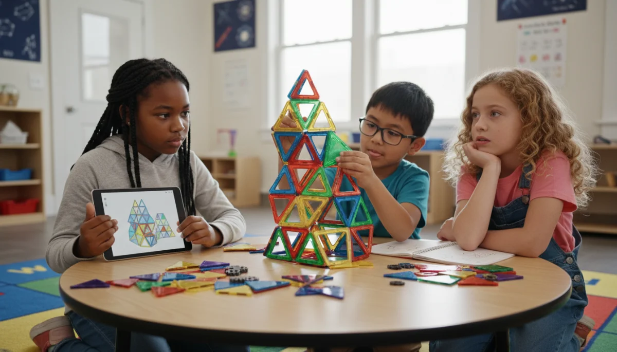 Diverse children collaborating on a STEM project with magnetic tiles.