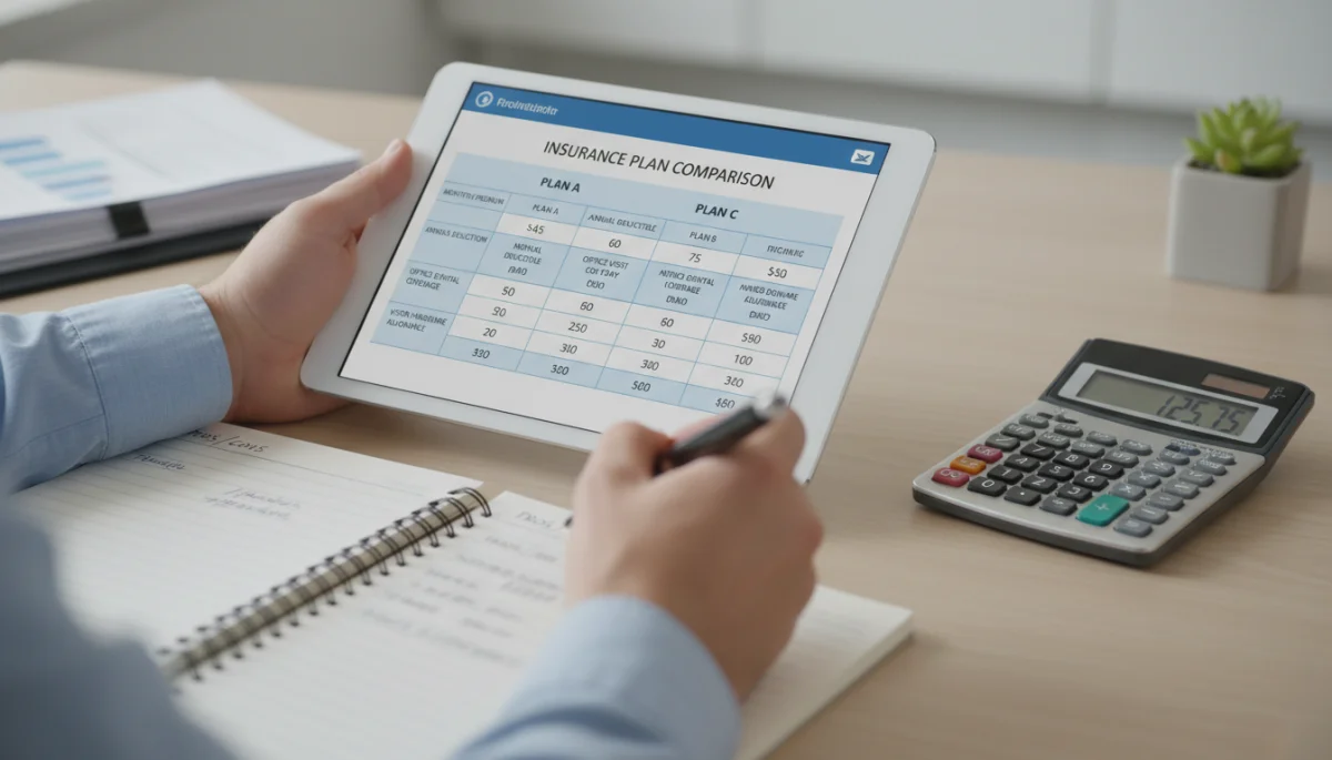 Person comparing dental and vision insurance plans on a tablet with a calculator.