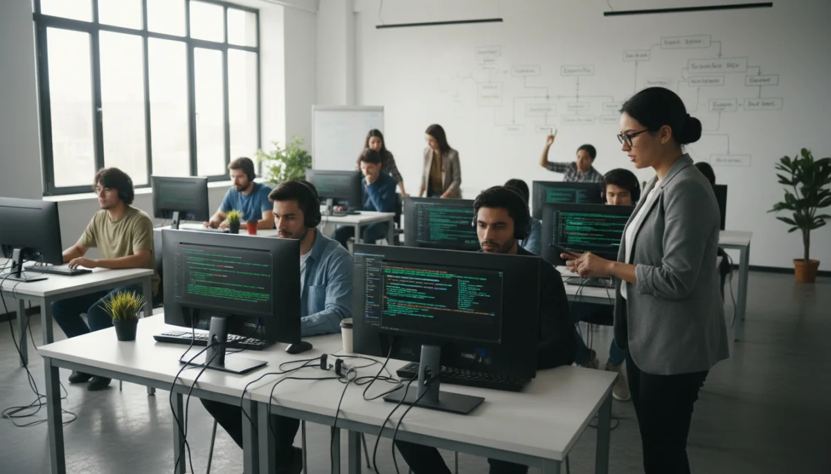 Students learning cybersecurity in a modern vocational classroom.