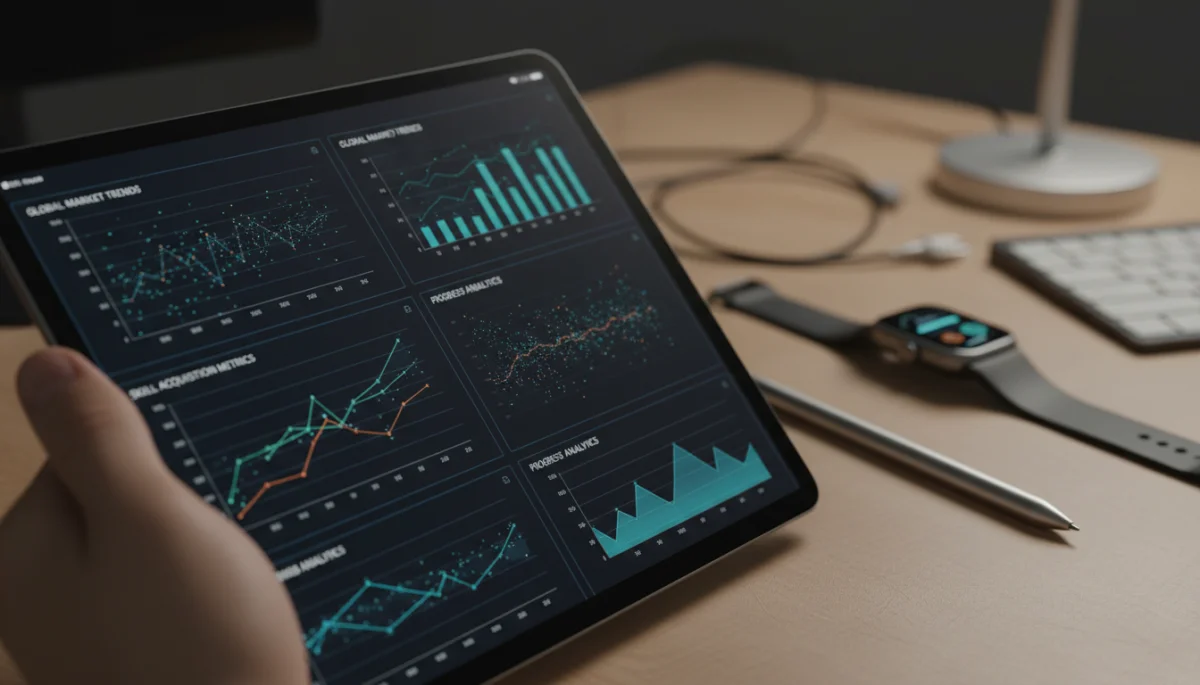 Hand holding tablet displaying data analytics dashboard