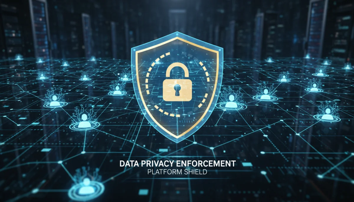 Interconnected data nodes with shield icon, symbolizing data protection and privacy enforcement