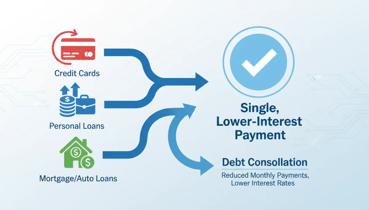 Infographic showing various debts consolidated into one payment.