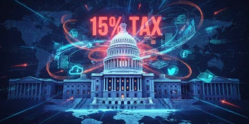US Capitol building with 15% tax overlay, symbolizing Digital Economy Act impact on online services.
