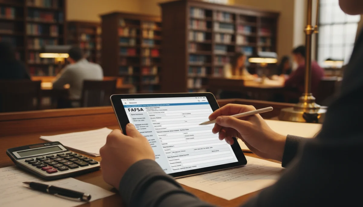 Hands filling out digital FAFSA form on tablet, calculating aid