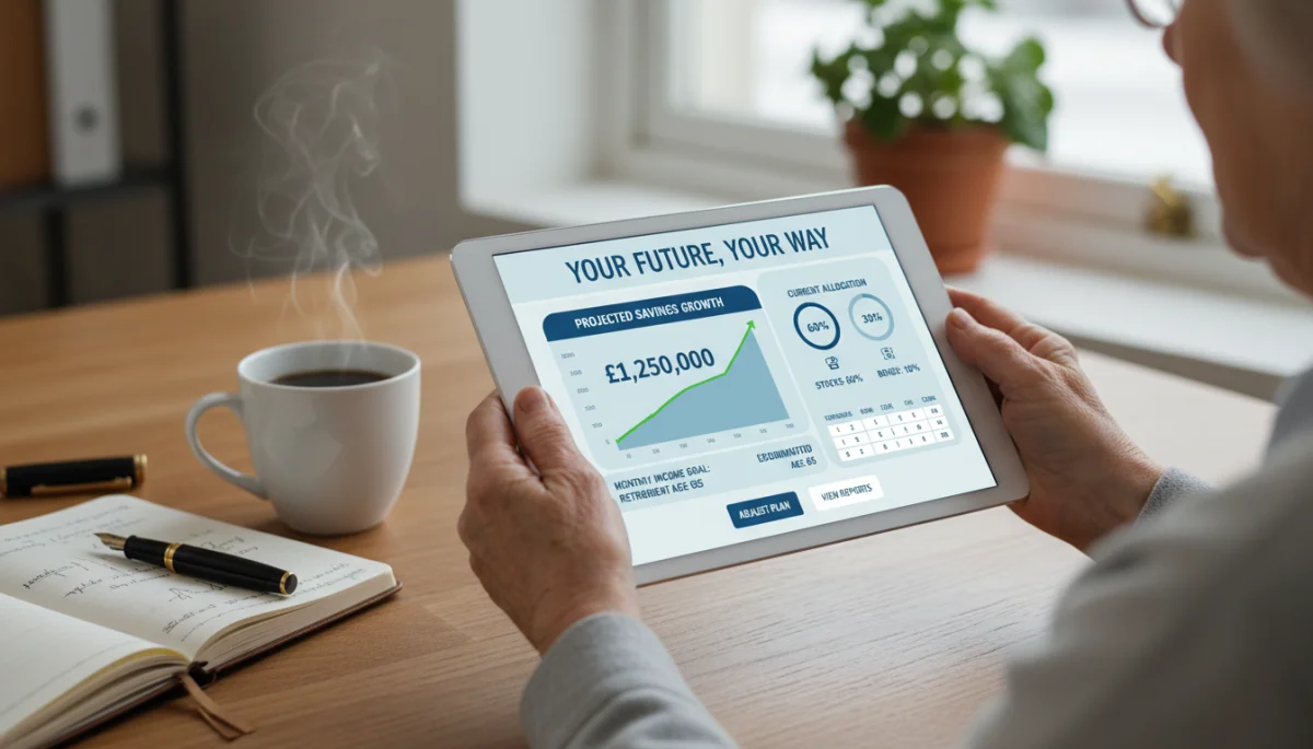 Digital retirement planning interface on a tablet, showing personalized financial projections