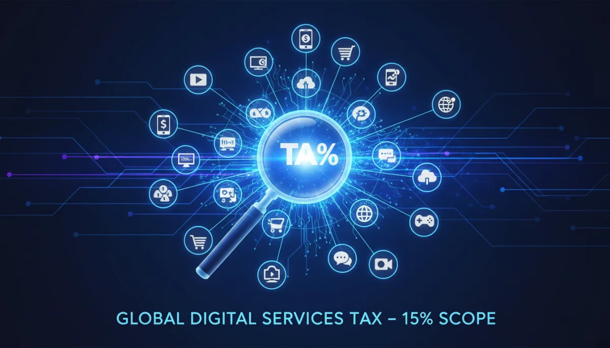 Digital services icons with magnifying glass on tax symbol, showing broad impact of new digital economy tax.