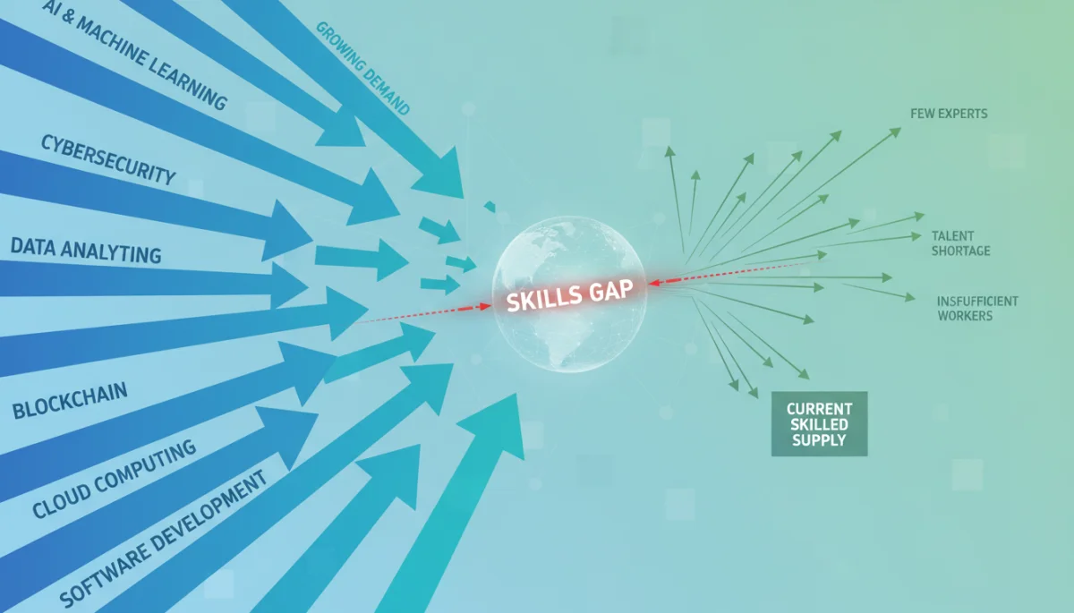 Illustration of various digital skills in high demand versus current workforce capabilities