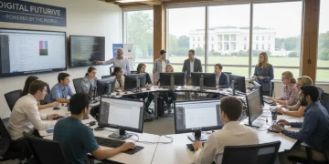 Diverse individuals learning digital skills in a modern classroom