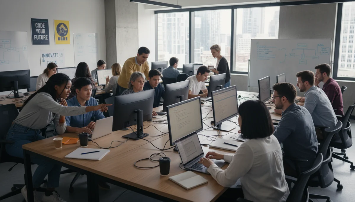 Diverse individuals learning digital skills in a modern training environment