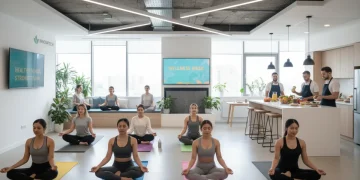Employees engaged in diverse wellness activities in a modern office setting, promoting health and well-being.