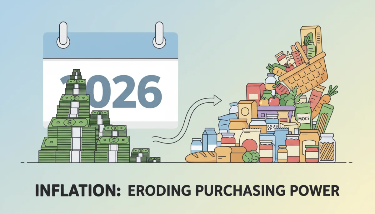 Erosion of purchasing power depicted by shrinking money and rising grocery costs.