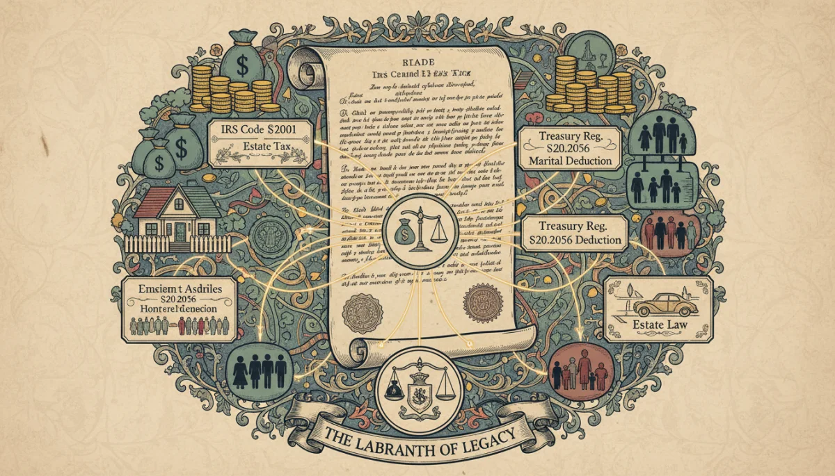 Intricate legal documents and financial symbols representing estate tax law complexity.