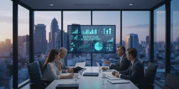 Financial advisor explaining estate tax changes to a high-net-worth couple in a modern office.