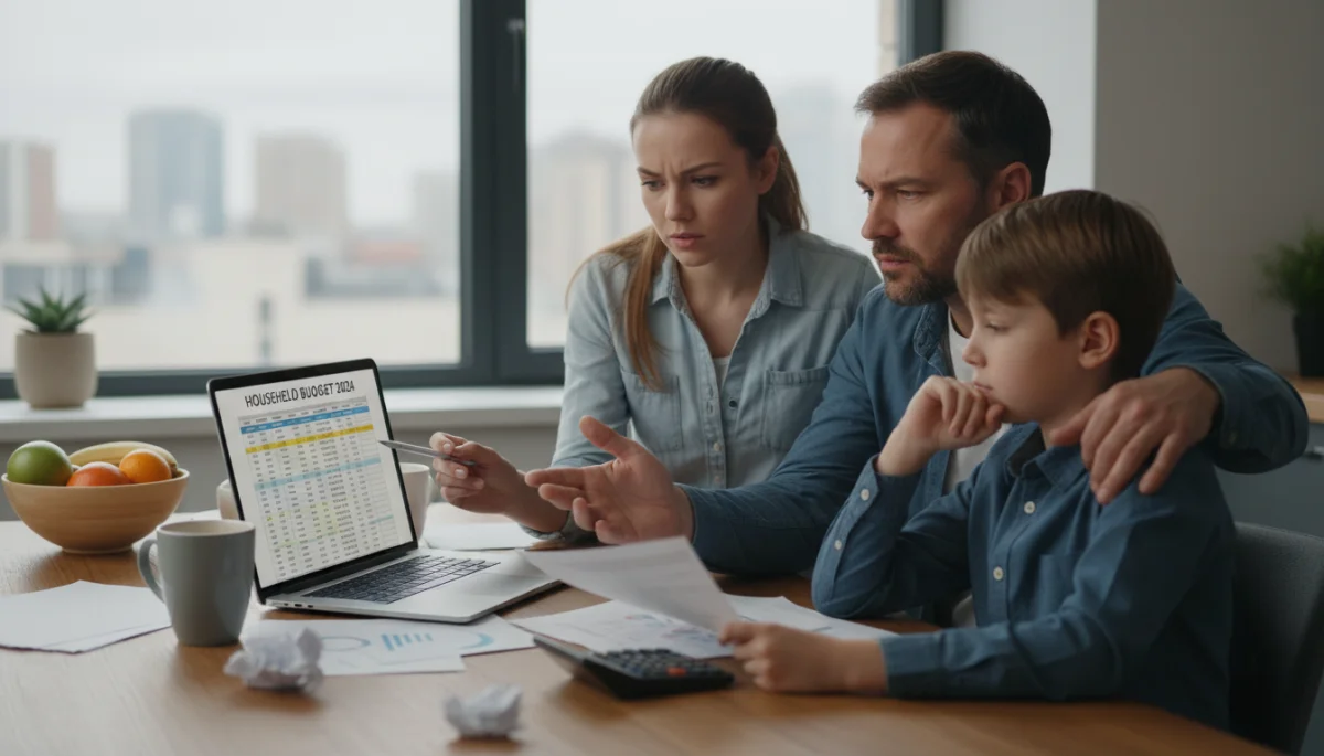 Family budgeting at kitchen table, discussing financial planning