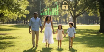 Family smiling in a park, representing financial security with life insurance