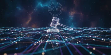 FCC logo overlaid on a network of interconnected digital lines representing net neutrality regulation