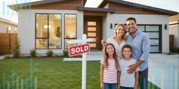Family standing proudly in front of their new home with a 'Sold' sign, symbolizing successful homeownership under new FHA loan limits.