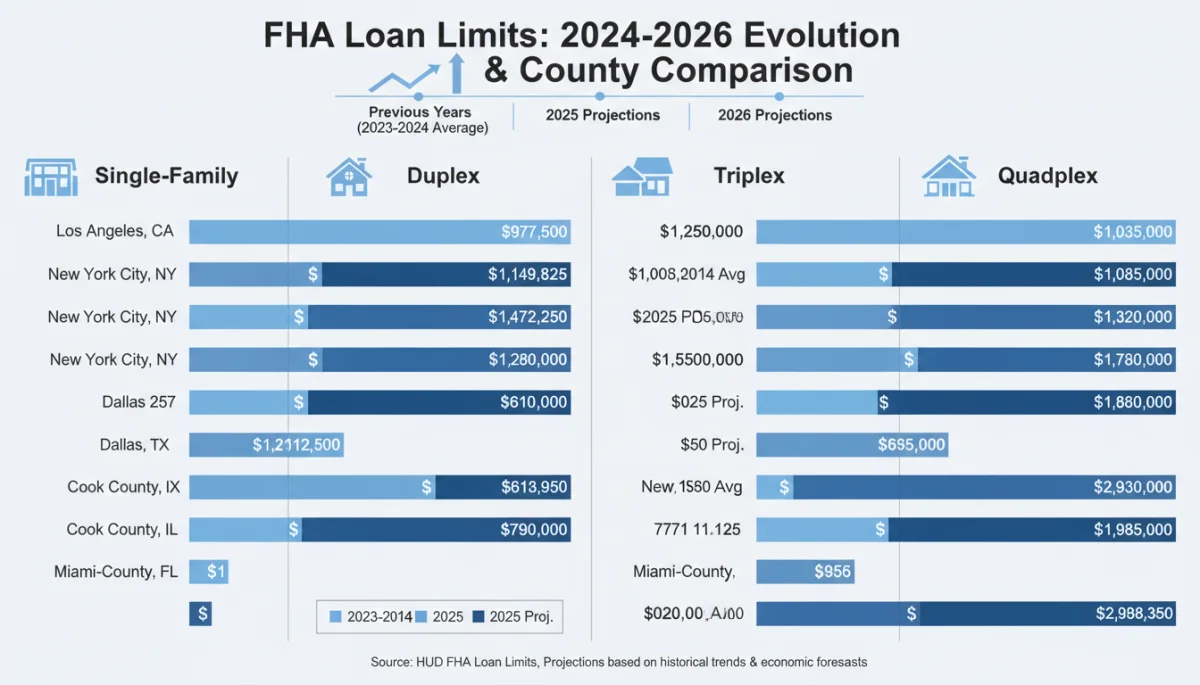 Infographic comparing FHA loan limits for various property types and counties in 2026, illustrating financial adjustments.