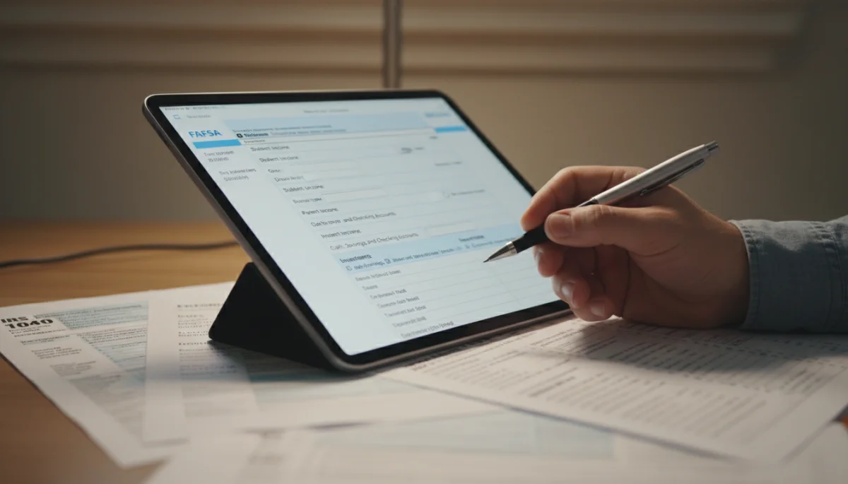 Filling out 2026 FAFSA application on a tablet with financial documents