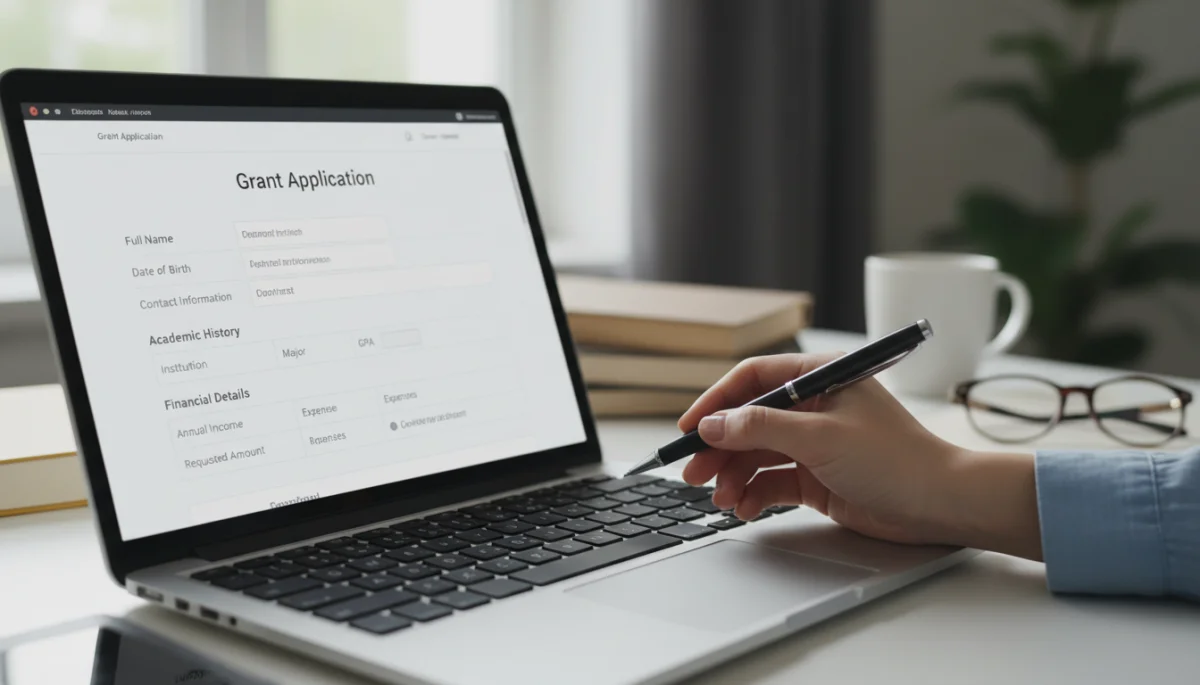 Person meticulously filling out an online grant application form