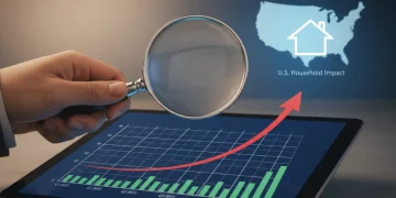 Financial chart with magnifying glass showing rising interest rates affecting U.S. households