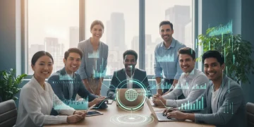 Employees discussing financial planning in a modern office environment, symbolizing financial wellness