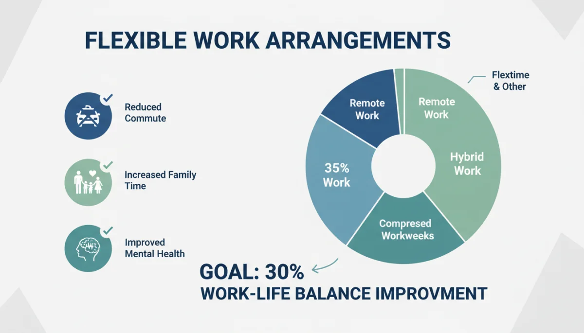Infographic detailing various flexible work arrangements and their impact on work-life balance.