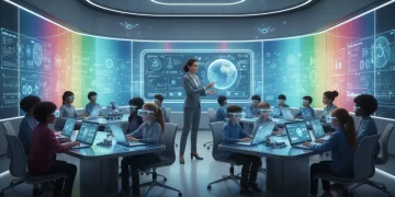 Futuristic K-12 classroom with students using diverse EdTech tools for enhanced engagement.