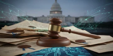 Gavel on legal documents with US Capitol and digital data, representing new privacy legislation