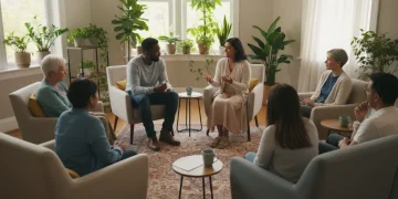 Group therapy session with diverse participants and a supportive therapist