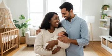 Happy diverse family with newborn baby, symbolizing parental leave support.