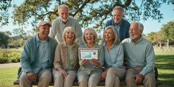 Happy U.S. retirees planning Social Security benefits on a tablet.
