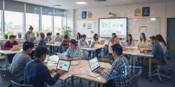 High school students learning AI literacy in a modern classroom