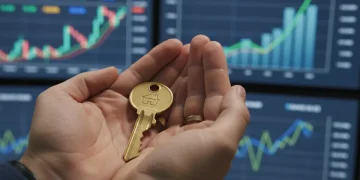 Hands holding house key with financial charts in background