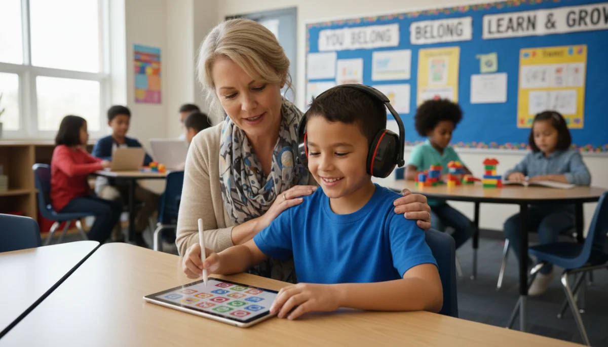 Child with learning disability receiving individualized support in inclusive classroom