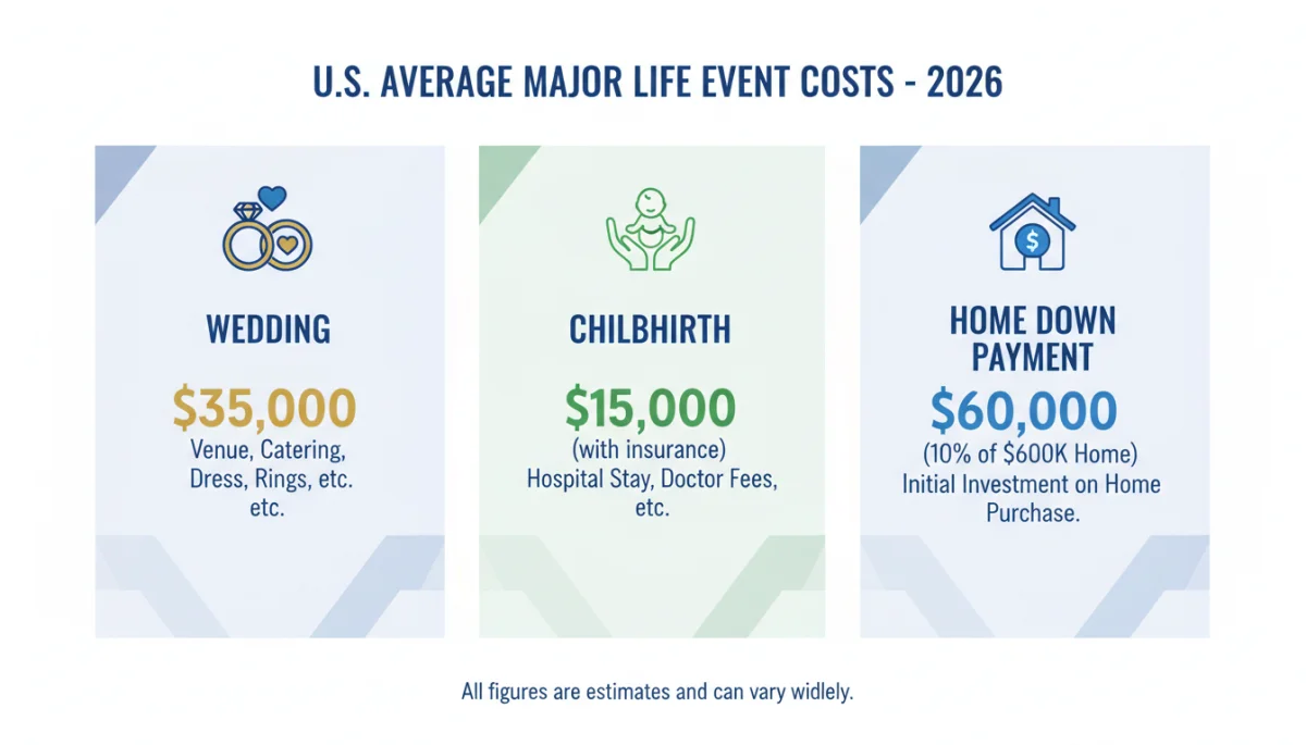Infographic of average costs for major life events in the US, 2026