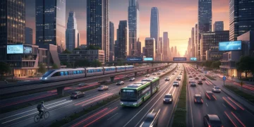 Modern city commute with diverse transportation options