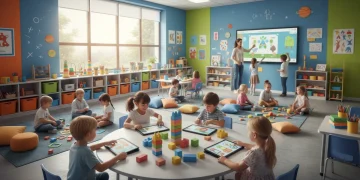 Children learning actively in a modern, colorful early childhood classroom with interactive tools.