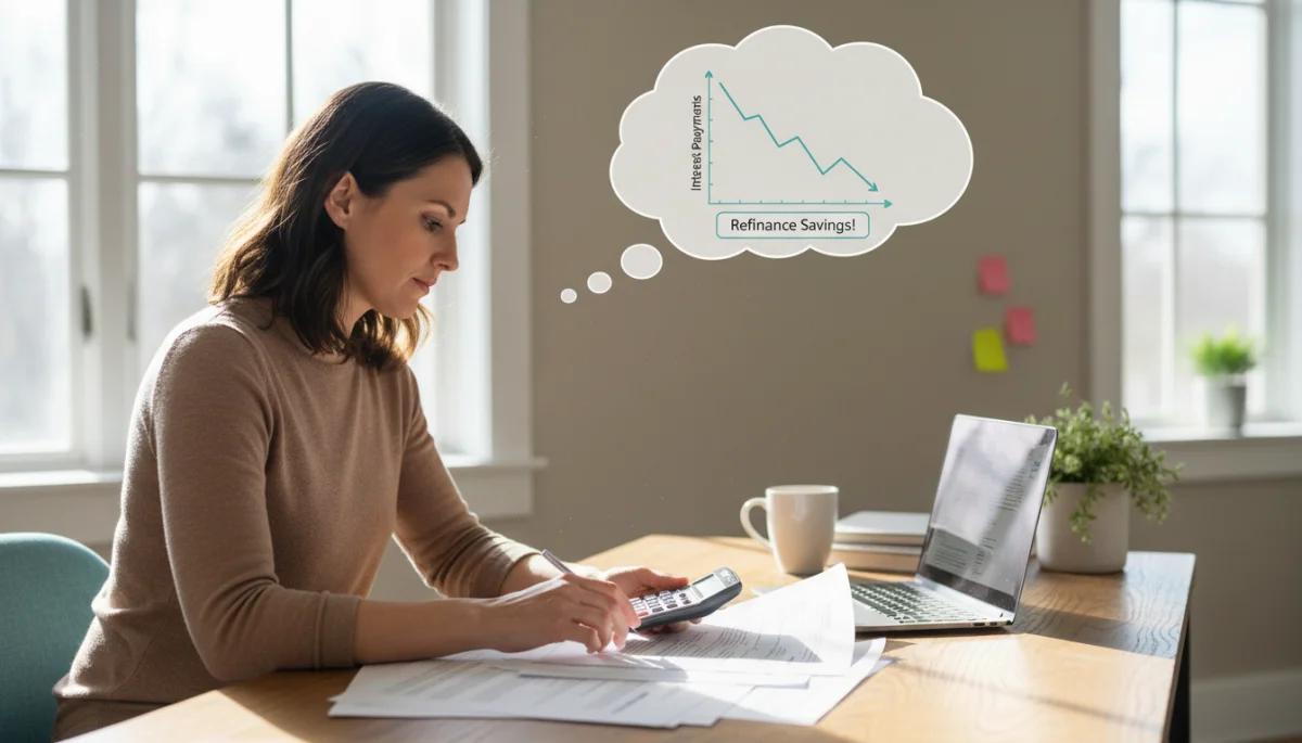Homeowner reviewing mortgage documents and calculator