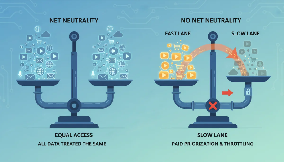 Illustration of balanced internet access versus prioritized data streams, symbolizing net neutrality principles