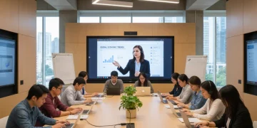 Diverse students engaged in online university lecture with professor