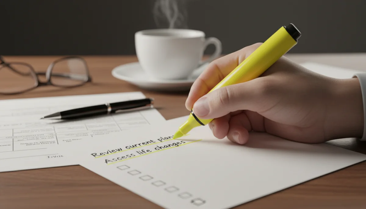 Hand marking items on a 2026 open enrollment checklist
