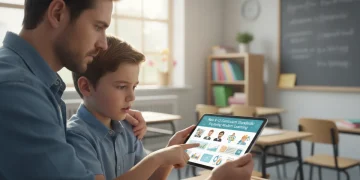 Parent and child reviewing K-12 curriculum updates on a tablet