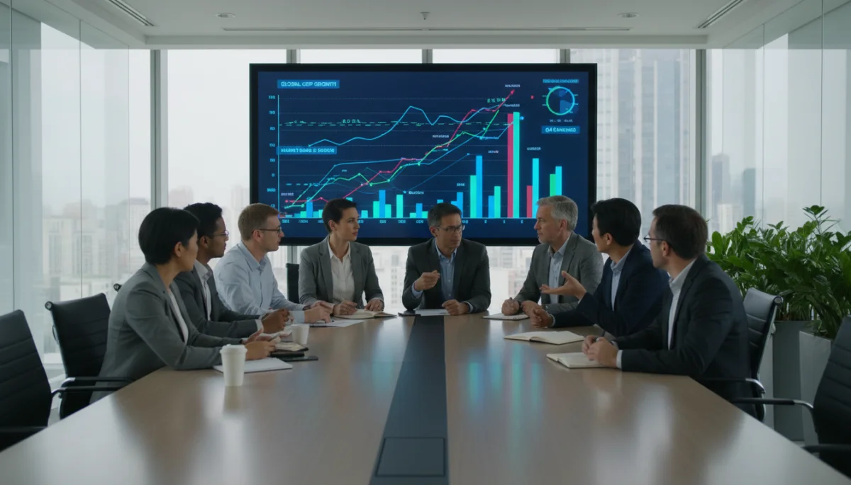 Policy makers discussing economic data related to tech company market dominance.